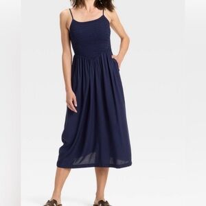 A New Day Smocked V-Waist Midi Dress Navy XL NWOT